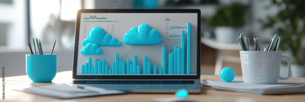 Poster A modern workspace featuring a laptop displaying data visualizations and cloud graphics.