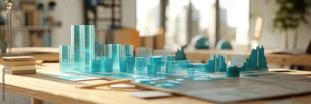 Aufkleber a modern architectural model displayed on a table in a bright office environment.