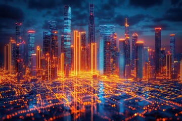 Fototapeta premium high-tech data network visualized with colorful grids over a miniature cityscape, illuminated with cinematic colors, creating a futuristic atmosphere that intertwines technology and urban life