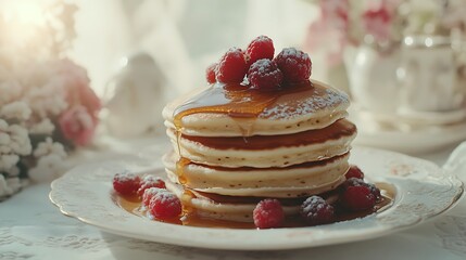 A stack of fluffy pancakes topped with raspberries and syrup, served on a decorative plate.