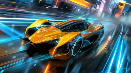 Fototapeta premium Sleek anime inspired hovercar racing along a vibrant neon cyber highway in stunning detail