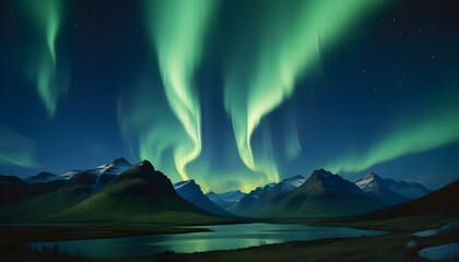 Una impresionante exhibición de la aurora boreal (aurora boreal) en el cielo nocturno sobre un paisaje montañoso. Los vibrantes tonos verdes y azules de la aurora danzan en el cielo oscuro, creando un