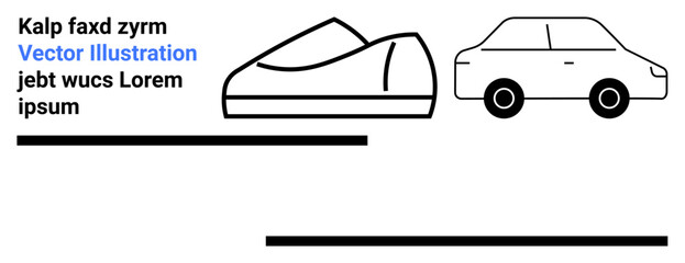 Black and white outlined car and shoe icons, simple shapes and clean lines. Ideal for automotive, fashion, minimalism, design, technology, interfaces, vector graphic resources. Landing page