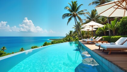 Luxury resort infinity pool overlooks ocean. Palm trees surround pool deck. White sun loungers offer relaxation. Tropical paradise vacation home. Blue water sea view.