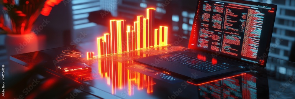 Poster A futuristic workspace featuring a laptop with data visualizations and glowing sound bars.