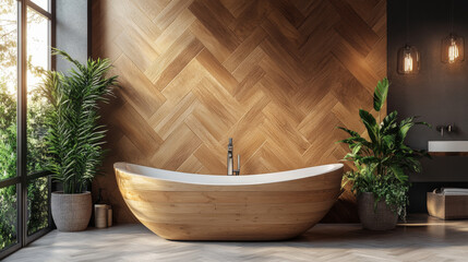 Wooden bathroom design with tub 