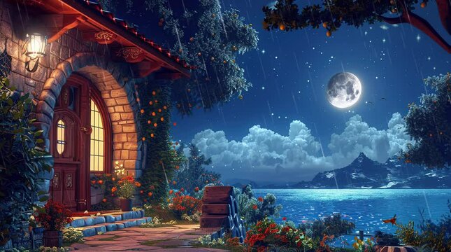 Wooden block house door by a peaceful lake on a rainy night with soft ambient glow  
Seamless looping 4k time-lapse virtual video animation Generated AI