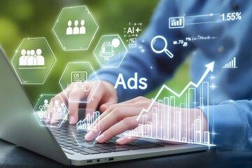 AI Analyzing Online Advertising Campaigns. A person working on a laptop with virtual ads, charts, and AI technology for advanced digital marketing and advertising insights