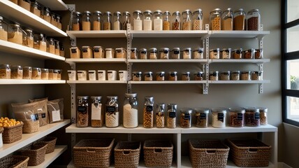 Organized pantry with glass jars, various dry goods, and baskets.