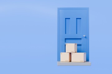 3D To Your Door Delivery icon. Minimal Courier delivery package in front blue door. Online Shopping Concept. Fast Delivery, logistic Concept. 3d Deliveries of online orders outside the door. 3d render