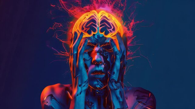 Panic Disorder: The Panic Attacks and Hyperventilation - Visualize a person with highlighted brain showing neurotransmitter imbalance, experiencing panic attacks and hyperventilation