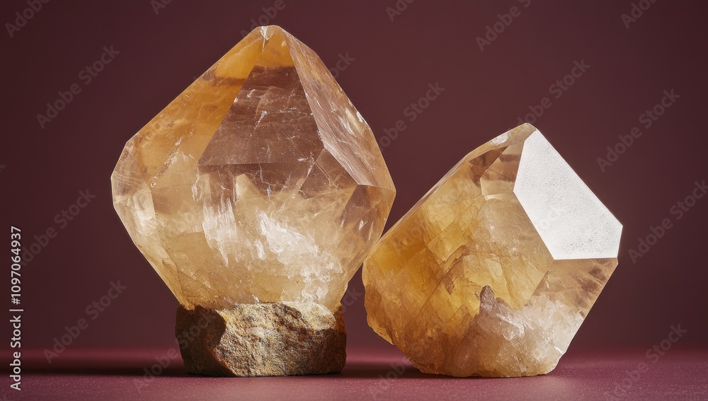 Poster two large, faceted yellow crystals displayed against a simple background.