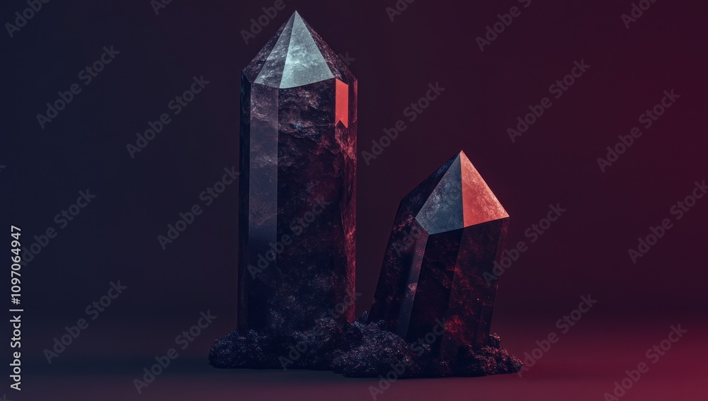 Poster Two crystal formations with sharp peaks on a dark, textured base, illuminated with gradient lighting.