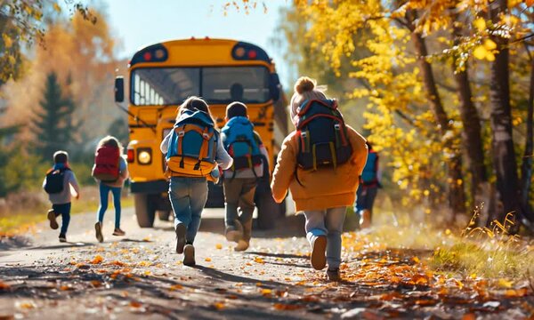 Elementary school students with backpacks sprinting toward a bright yellow school bus on a road blanketed with colorful fallen leaves in autumn
