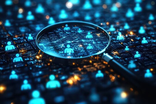 human resource management concept features a magnifying glass focused on a manager icon surrounded by diverse staff icons, conveying themes of recruitment and leadership in a corporate environment