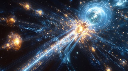 Obraz premium Hyperrealistic depiction of a Type II civilization on the Kardashev Scale constructing a vast energy relay network in deep space using quantum entanglement to transmit energy across lightyears