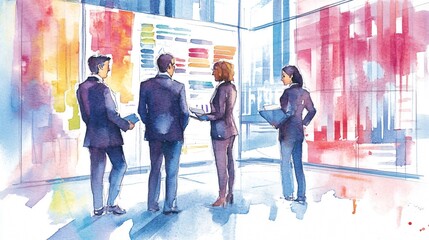 Watercolor Painting of Business Meeting: Professionals Analyze Charts and Graphs in a Modern Office Setting
