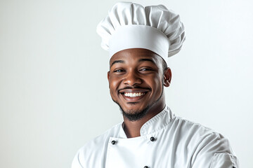A happy young african american cook wearing professional chef attire, isolated white backdrop.