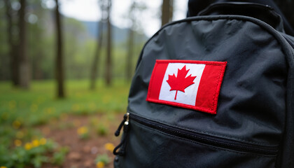 Backpack with a Canadian flag patch in a serene forest setting