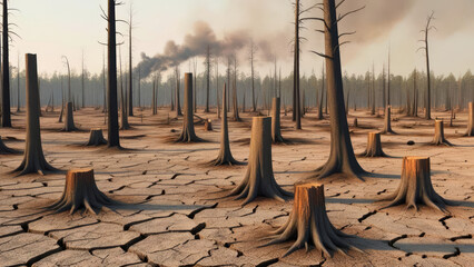 Obraz premium Deforestation impact forest area environmental crisis barren landscape ground level climate change awareness