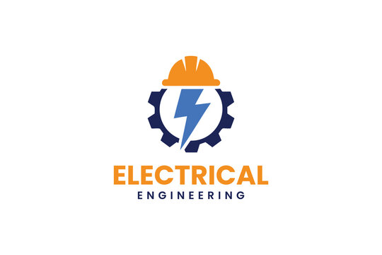 Electrical engineering logo with gear hard hat and lightning bolt symbol