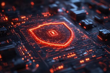 illustration representing cybersecurity and data protection, featuring a digital shield, locks, and intricate network graphics symbolizing the safeguarding of business and personal data