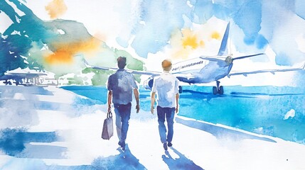 Expressive Watercolor Painting of Travelers Departing from an Idyllic Tropical Airport, Embarking on a Journey of Exploration and Escape