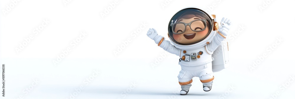 Poster a cheerful cartoon character in an astronaut suit, celebrating in a space-like environment.