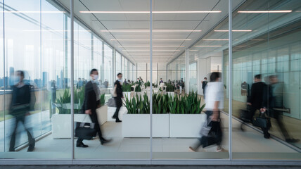 A bustling corporate office with diverse professionals in suits moving through a modern space filled with greenery.