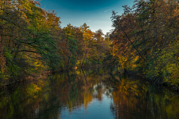 Chrudimka river in centre of Pardubice city in autumn evening