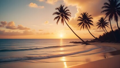 Una escena de playa tropical con palmeras, un océano en calma y un cielo al atardecer. Las palmeras tienen un tono dorado cálido y el océano es de un color azul sereno. El fondo muestra un horizonte l