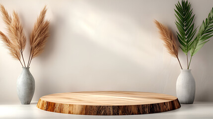 Rustic Wood Podium on Beige Background for Product Presentation