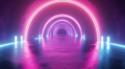 Futuristic tunnel with vibrant pink and blue neon lights creating a colorful corridor with a wet floor