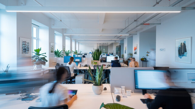 A lively office space featuring diverse professionals engaged in work. Plants add freshness to the contemporary environment.