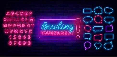 Bowling tournament neon label with pins. Strike winning. Sport tournament sign on brick wall. Vector stock illustration © Anastasia Gapeeva