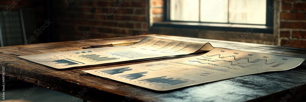 Poster Two reports with charts and graphs on a wooden table, showcasing data analysis.