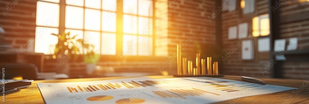 Poster A desk with reports and data visualizations illuminated by sunlight.