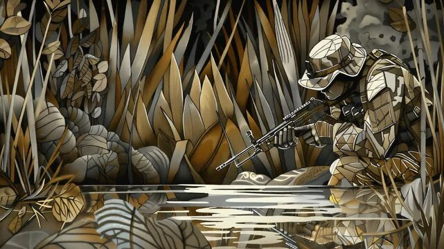Riverside Ambush: A camouflaged soldier crouches near the riverbank, a submachine gun within reach, waiting for their prey.