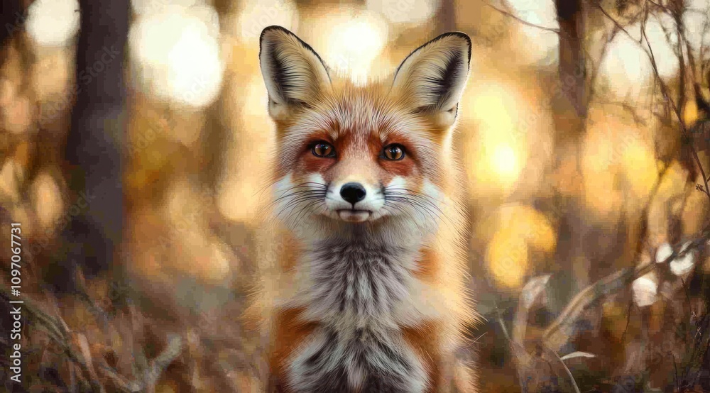 Poster a close-up of a fox in a natural setting with a soft, warm background.