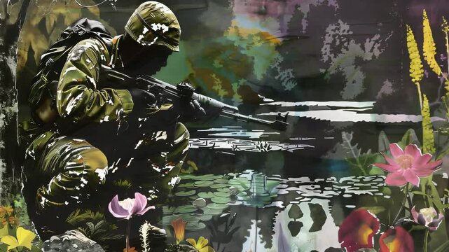 Riverside Ambush: A camouflaged soldier crouches near the riverbank, a submachine gun within reach, waiting for their prey.