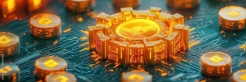 Poster A digital representation of cryptocurrency with glowing coins and circuit patterns.