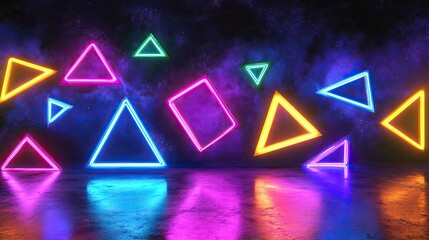 Glowing neon geometric shapes, including squares and diamonds, in vivid colors suspended in a moody, futuristic space
