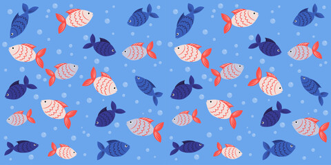Repeating seamless pattern of doodle fish. Vector illustration in cartoon style. Blue,gray and cream color fish on blue background.For wtapping paper, covers, backgrounds, textile.
