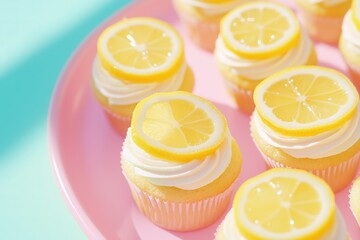 National Lemon Cupcake Day, mini lemon cupcakes arranged on a pastel pink plate, topped with glossy lemon swirl and adorned with candied lemon slices, December 15