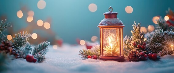 A Christmas lantern with a glowing candle placed on a snow-covered surface, surrounded by a garland of red berries and pine branches, ideal for Christmas cards, winter holiday banners, invitations