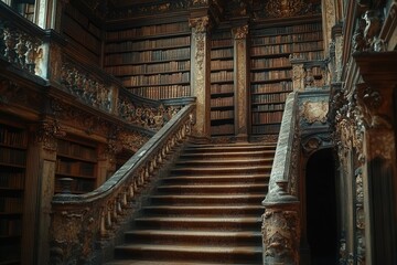 Obraz premium intricate library wall showcasing an extensive collection of ancient books and manuscripts, radiating historical significance and wisdom, with warm lighting enhancing the scholarly atmosphere