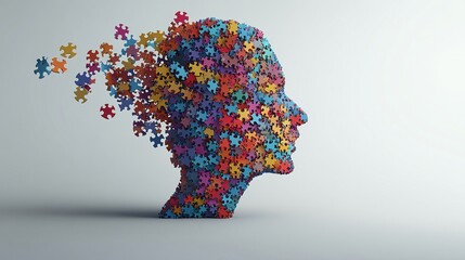 Abstract human head silhouette made of colorful puzzle pieces symbolizing creativity