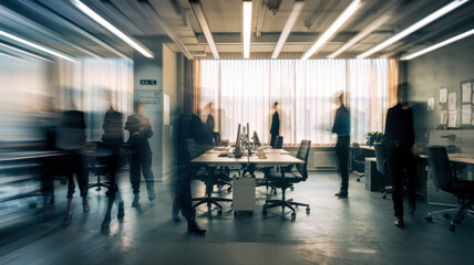 A dynamic office environment showcasing diverse professionals, creating an energetic and collaborative atmosphere.