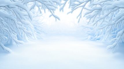 Tranquil winter landscape with snow-covered trees and a soft, serene atmosphere at dawn