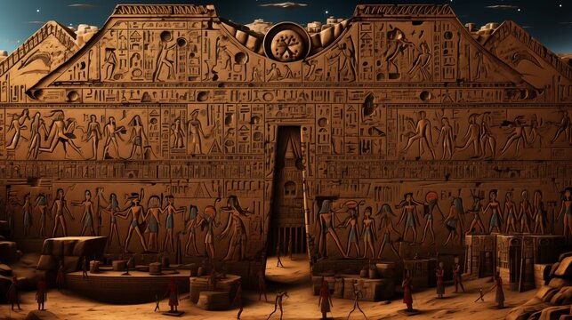 Sacred hieroglyphs carved into weathered temple stone, depicting Egypt's ancient traditions and mythology.